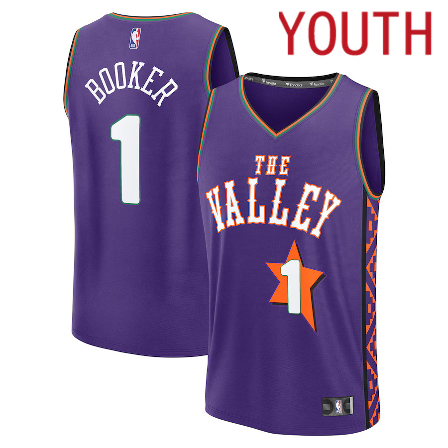 Youth Phoenix Suns #1 Devin Booker Fanatics Purple City Edition 2024-25 Fast Break Player NBA Jersey